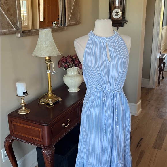 Midi Summer Dress Comfy Cinched Drawstring Waist with Pockets Blue Striped New - Picture 5 of 15